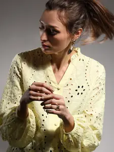 Vero Moda Floral Embroidered Bishop Sleeves Semi Sheer Cotton Shirt Style Top