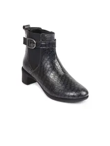 FAUSTO Women Textured Round Toe Block-Heeled Chelsea Boots