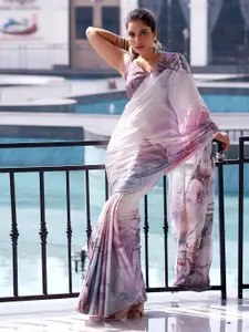 Satrani Mauve Floral Printed Maheshwari Satin Saree