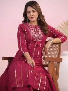 Sangria Floral Embroidered Tie-Up Neck Fit & Flared Pure Cotton Midi Ethnic Dress