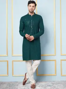 See Designs Embroidered Sequinned Mandarin Collar Long Sleeves Kurta with Pyjama