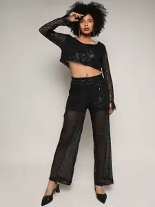 Campus Sutra Black Embellished Crop Top with Trousers