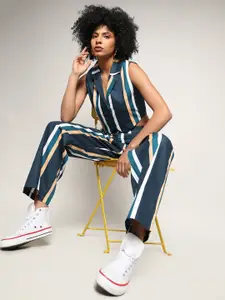 Campus Sutra Blue Striped Crop Top With Trousers