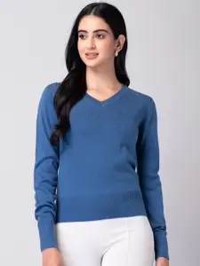 FabAlley Blue V-Neck Long Sleeves Embellished Pullover Sweater