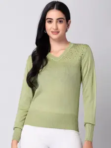FabAlley Green V-Neck Long Sleeves Embellished Pullover Sweater
