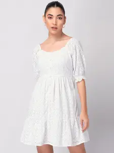 FabAlley White Self Design Puff Sleeve Fit & Flare Cotton Schiffli Dress