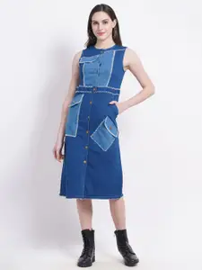 SUMAVI-FASHION Round Neck Organic Cotton Denim Fit & Flare Midi Dress