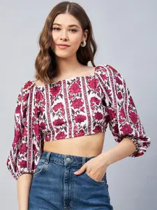 Orchid Hues Floral Print Puff Sleeve Blouson Crop Top