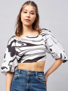 Orchid Hues Striped Printed Square Neck Puff Sleeve Crop Top