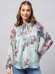 Orchid Hues Floral Printed Tie Up Neck Puff Sleeves Top