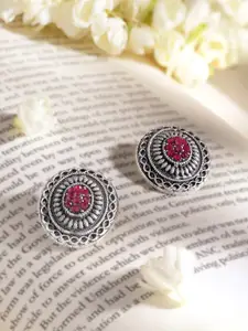 Rubans Oxidised Zircon-Studded Oval Studs Earrings