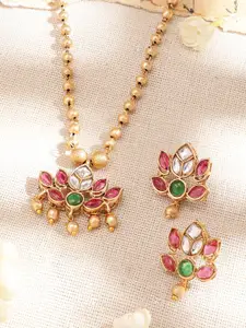 Rubans 22K Gold-Plated Ruby Pink & Emerald Stone Studded Handcrafted Necklace with Earring