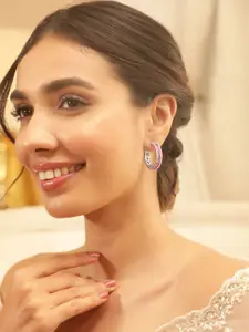 Rubans Rhodium Plated Pink Gemstones and Crystal CZ Studded Demi Fine Hoop Earrings