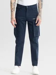 Snitch Men Navy Blue Smart Slim Fit Cotton Cargos