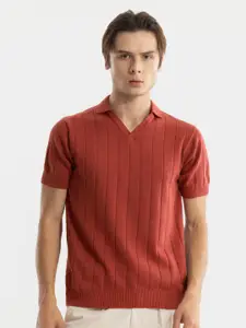 Snitch Orange Striped Polo Collar Slim Fit Cotton T-shirt