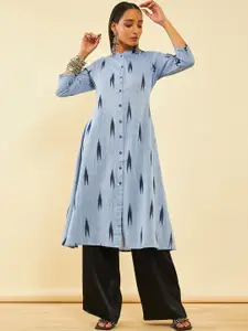Soch Abstract Printed Sequinned Mandarin Collar Ikat Print Cotton Straight Kurta