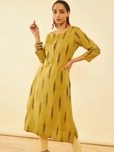 Soch Abstract Printed Sequinned Mandarin Collar Ikat Print Cotton Straight Kurta