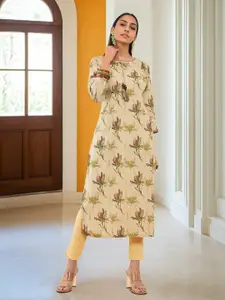 Soch Women Floral Printed Round Neck Three-Quarter Sleeves Linen Straight Kurta