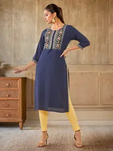 Soch Floral Embroidered Yoke Design Round Neck Three-Quarter Sleeves Thread Work Kurta