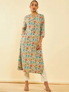 Soch Floral Printed Mandarin Collar Three-Quarter Sleeves Straight Linen Kurta
