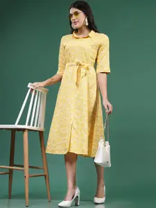 Sangria Ethnic Motifs Printed Belted A-Line Ethnic Dress