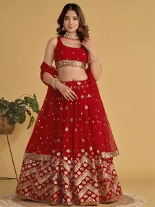 FABPIXEL Embroidered Sequinned Semi-Stitched Lehenga & Unstitched Blouse With Dupatta