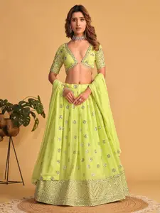 FABPIXEL Embroidered Sequinned Semi-Stitched Lehenga & Unstitched Blouse With Dupatta