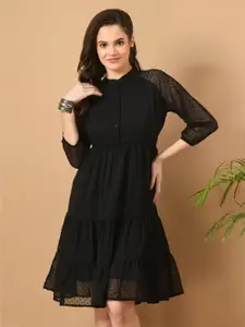 IUGA Self Design Band Collar Puff Sleeve Georgette Fit & Flare Dress