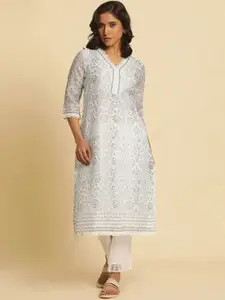 W Floral Printed V-Neck Thread Work Jacquard Straight Kurta