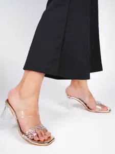 JM Looks Embellished Open Toe Block Heels