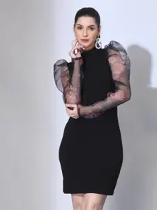 IUGA High Neck Puff Sleeves Bodycon Dress