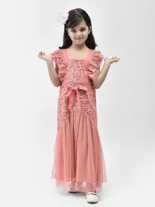 Eavan Girls Self Design Flutter Sleeve Net Maxi Dress