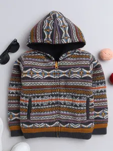 Yellow Apple Boys Geometric Self Design Hooded Woollen Pullover Sweater