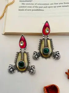 ABDESIGNS Silver-Plated Stone-Studded & Beaded Classic Oxidised Drop Earrings