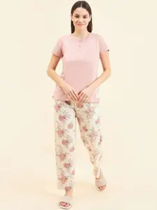 Sweet Dreams Pink & Cream-Coloured Floral Printed Night suit