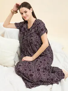 Sweet Dreams Purple Geometric Printed Pure Cotton Maxi Nightdress