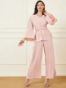Styli Pink Ribbed Waist Tie Up Detail Top With Flared Trousers Co-Ords