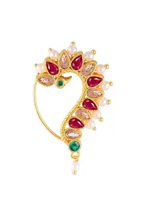 Vighnaharta  Gold-Plated Cubic Zirconia Studded & Pearls Nose Ring