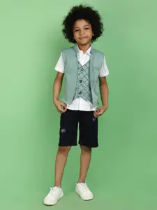 V-Mart Boys Printed Pure Cotton Shirt With Shorts & Waistcoat