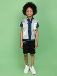 V-Mart Boys Printed Pure Cotton Shirt With Shorts & Waistcoat