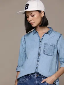 Roadster Faded Roll-Up Sleeves Pure Cotton Denim Casual Shirt