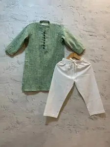 BAESD Boys Mandarin Collar Pleated Pure Cotton Kurta with Pyjamas
