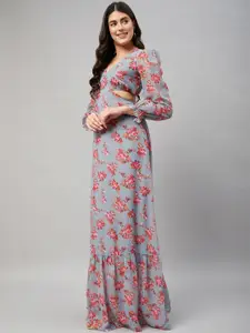 Orchid Blues Floral Printed V-Neck Puff Sleeve Cut Outs Georgette Maxi Dress