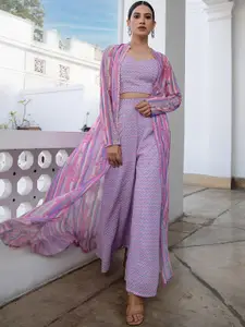 Janasya Chevron Printed Sweetheart Neck Top With Palazzos & Jacket