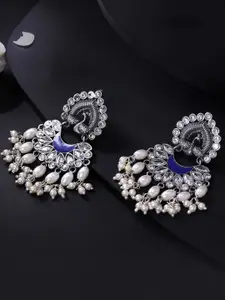 Yellow Chimes Oxidized Silver-Plated Stones Studded & Beaded Peacock Shaped Chandbalis