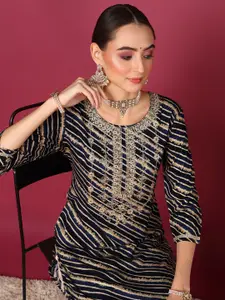 KALINI Abstract Printed Round Neck Three-Quarter Sleeves Mirror Work Kurta