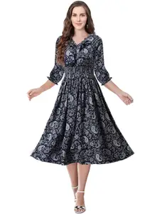 BAESD Paisley Printed Ruffled Smocked Fit & Flare Midi Dress