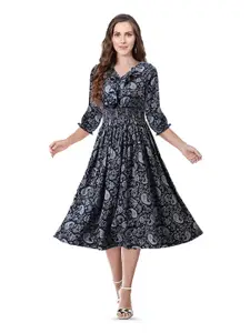 BAESD Paisley Printed V-Neck Gathered Detailed Fit & Flare Midi Dress