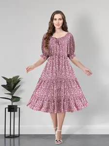 BAESD Floral Printed Round Neck Puff Sleeves Gathered Tiered Fit & Flare Midi Dress