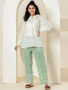 FEATHERS CLOSET Printed Mandarin Collar Pure Cotton Top With Trousers